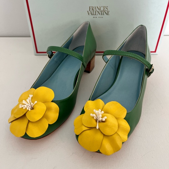 Frances Valentine Shoes - Frances Valentine Babe Green Nappa Leather Mary Jane Shoes with Yellow Flower